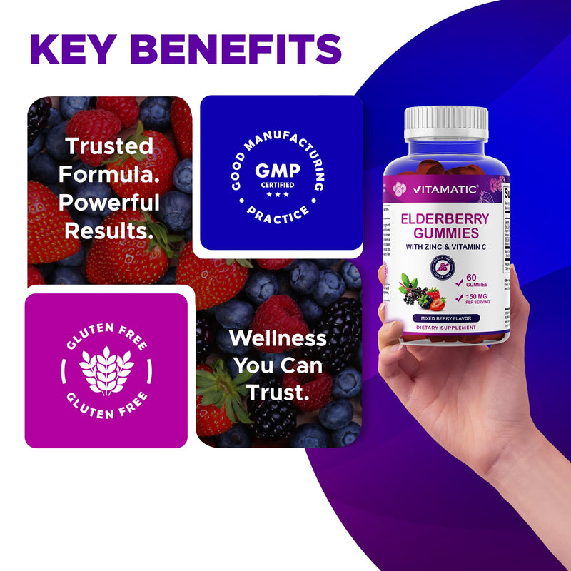 Vitamatic Elderberry Gummies with Vitamin C & Zinc – Immune Support Supplement – Mixed Berry Flavor– 60 Gummies – Made in the USA, Vegan, Non-GMO, Gluten-Free 60 Count (Pack of 1)