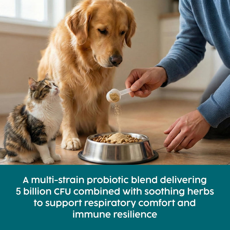 Respiratory & Gut Probiotic Powder for Dogs & Cats, 5 Billion CFU - 100g, Kennel Cough Medicine for Dogs, Lung, Immune & Breath Treatment, Dog Breath Freshener with Marshmallow Root & Thyme