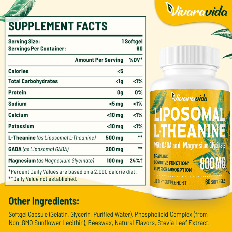Vivaravida L-Theanine 800mg Supplement with GABA and Magnesium Glycinate - Natural Compound, Sleep and Relaxation (120 Softgels) 60 Count (Pack of 2)