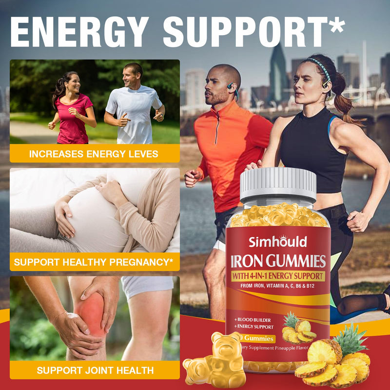 2 Pack Vegan 80MG Iron Supplement Gummies for Women & Men - Vitamin A, C, B for Adults & Kids - Blood & Builder & Energy Support for Iron Deficiency, Anemia, 120 Counts Pineapple Flavor Gummies Yellow - 2 Packs