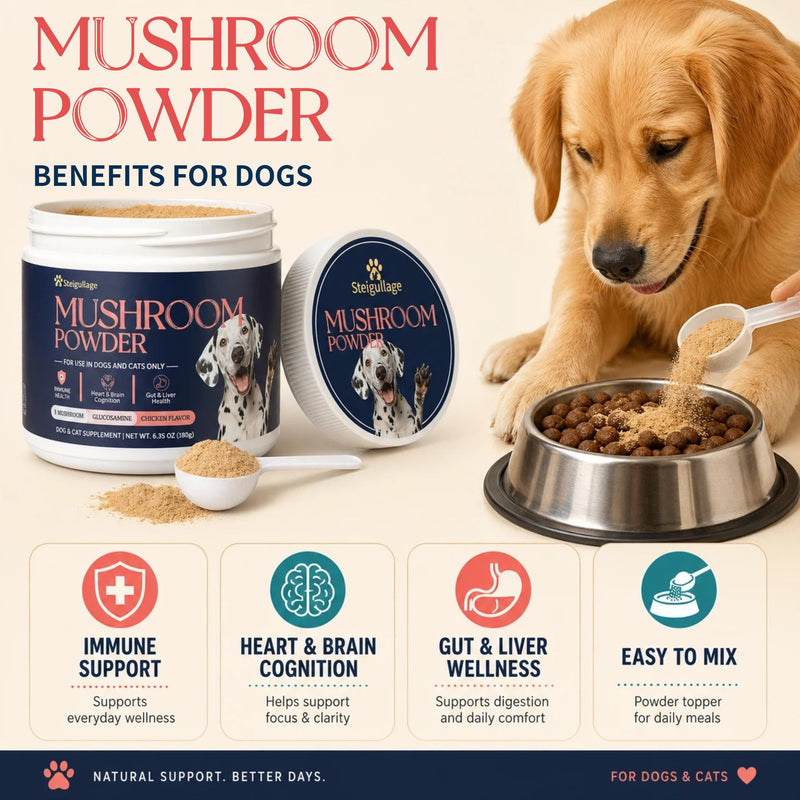 Turkey Tail Mushroom for Dogs,6.35 OZ(180g), 8 Mushrooms Supplement with Naturally Occurring Beta Glucans, Reishi with Immune Support, Gut Health, Brain & Cognitive Support, Easy Mix Chicken Flavor