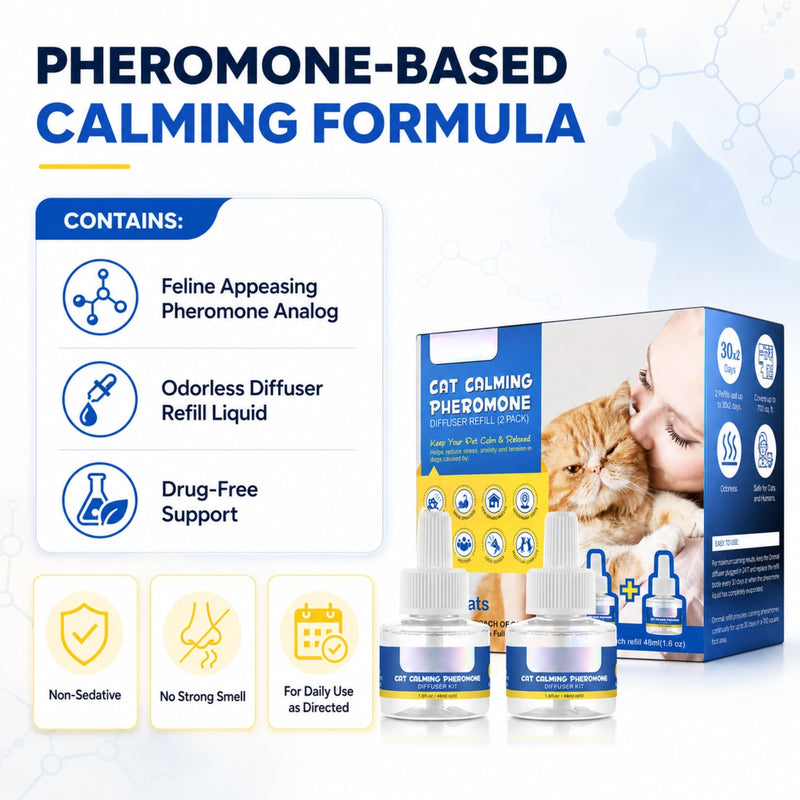 Cat Calming Pheromone Diffuser Refill 48ml (2 Pack) – 30 Day Drug Free Stress Relief for Cats, Multi Cat Homes, Scratching & Spraying Support