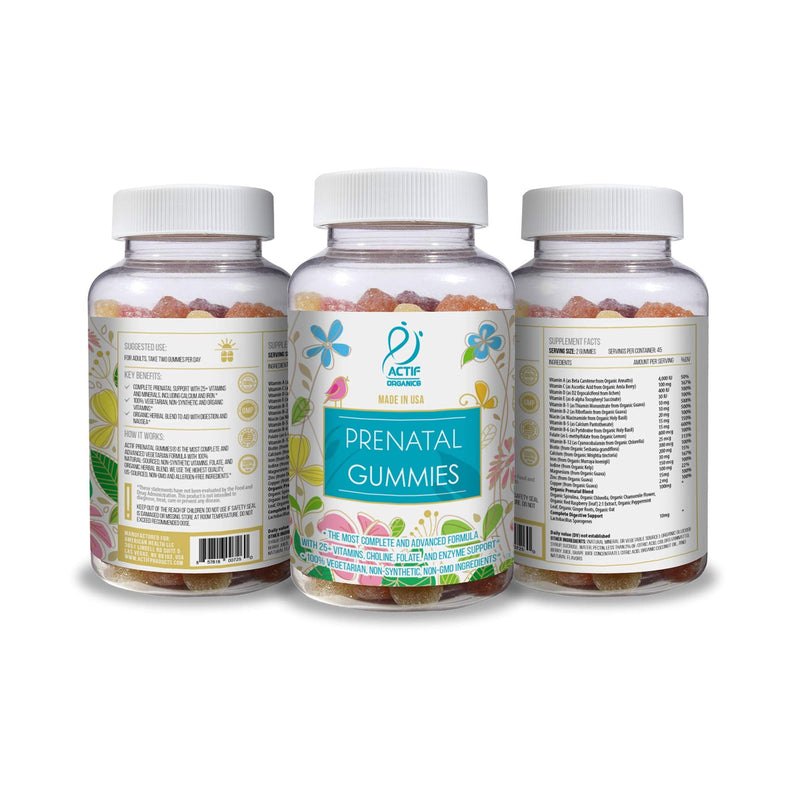 Actif Prenatal Gummies with 25+ Organic Vitamins and Organic Herbal Blend - Non-GMO, 100% Vegetarian, 90 Count, Made in USA