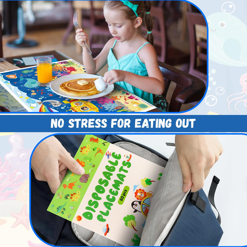 Sticky Disposable Placemats 40Pack: 12" x 18" Adhesive Table Mats for Baby,Plastic Travel Placemats for Restaurant High Chair Eating(Animal Space Ocean Dinosaur Theme) 12x18 Inch (Pack of 40)