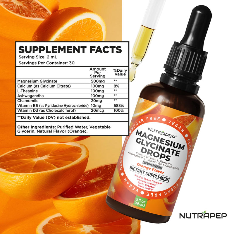 NutraPep Liquid Magnesium Glycinate Drops Supplement - 500mg Cortisol Complex with L-Theanine Ashwagandha Vitamin B6 Chamomile - Wellness Sleep Stress Mood Support for Adults Men Women