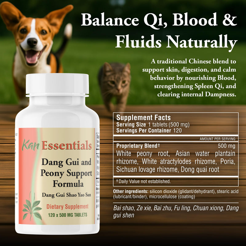 Kan Herb Essentials Dang Gui and Peony Support – Traditional Chinese Herbal Blend for Dogs and Cats to Support Skin Health, Digestion, Mood, and Fluid Balance, Herbal Supplement for Pets, 120 Tablets