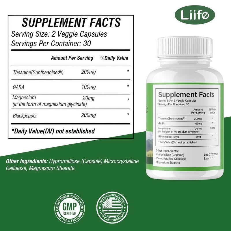 LIIFE L-Theanine (Suntheanine®) with GABA & Magnesium | 60 Veggie Capsules | With black pepper extract, supports healthy stress response, relaxation and focus, aids natural brain alpha-wave production