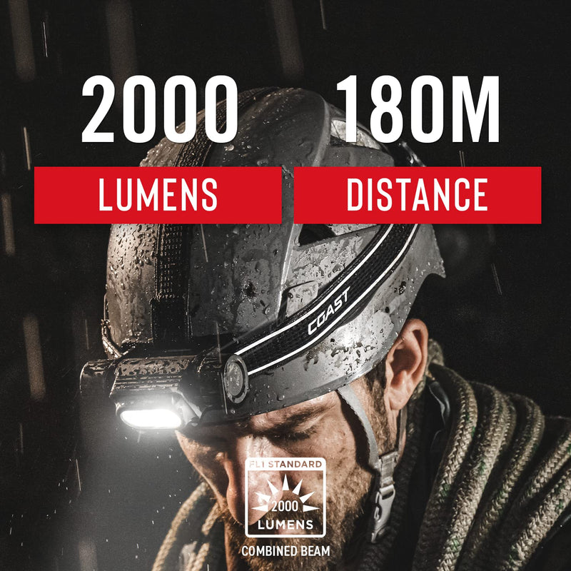 Coast WPH34R 2000 Lumen Waterproof Ultra Bright IP68 USB Rechargeable-Dual Power Headlamp, 6 Modes with Spot and Flood Beams, Black/Grey - BeesActive Australia