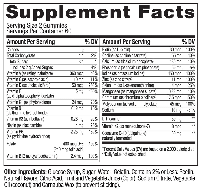 OLLY Women's 40+ Multi Gummies, 20 Key Nutrients Plus Vitamin K2, CoQ10, L-Theanine, Chewable Gummy Supplement, Peach Berry Flavored, 45 Day Supply - 120 Count