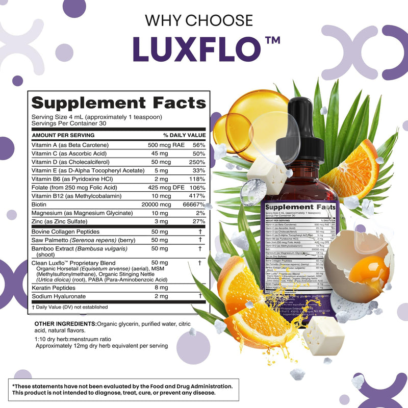 Liquid Biotin & Collagen Keratin Hyaluronic Acid Saw Palmetto Drops Vitamins for Hair Growth Support Silica Vitamin A C D Bamboo Turmeric Zinc Folate Magnesium Horsetail LuxFlo By Clean Nutra 1