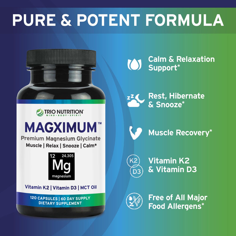 Trio Nutrition Magximum Magnesium Glycinate + Vitamin D3, K2 MK-7 & MCT | MagX magnesium for men and women: 4-in-1 advanced formula, 2-month supply for calm, relaxation, recovery & well-rested.* Magnesium Glycinate with Vitamin K2 & Vitamin D3