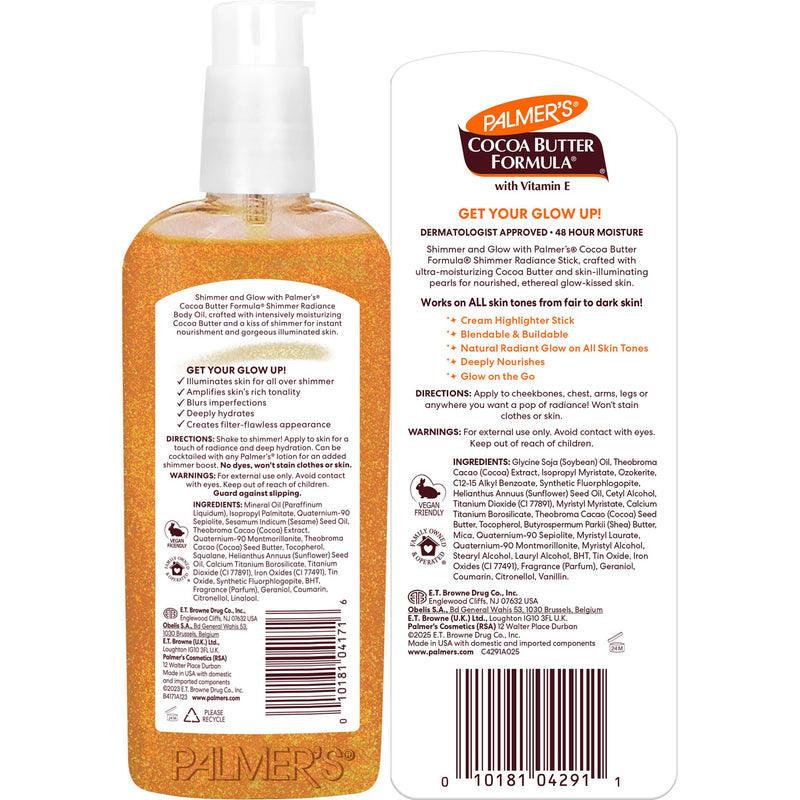 Palmer's Cocoa Butter Formula Shimmer Glow Bundle with Vitamin E, Shimmering Body Oil (5.1 Fl Oz) + Highlighter Stick (1.0 Oz), Softens, Hydrates & Illuminates Instantly, Provides 48-Hour Moisture