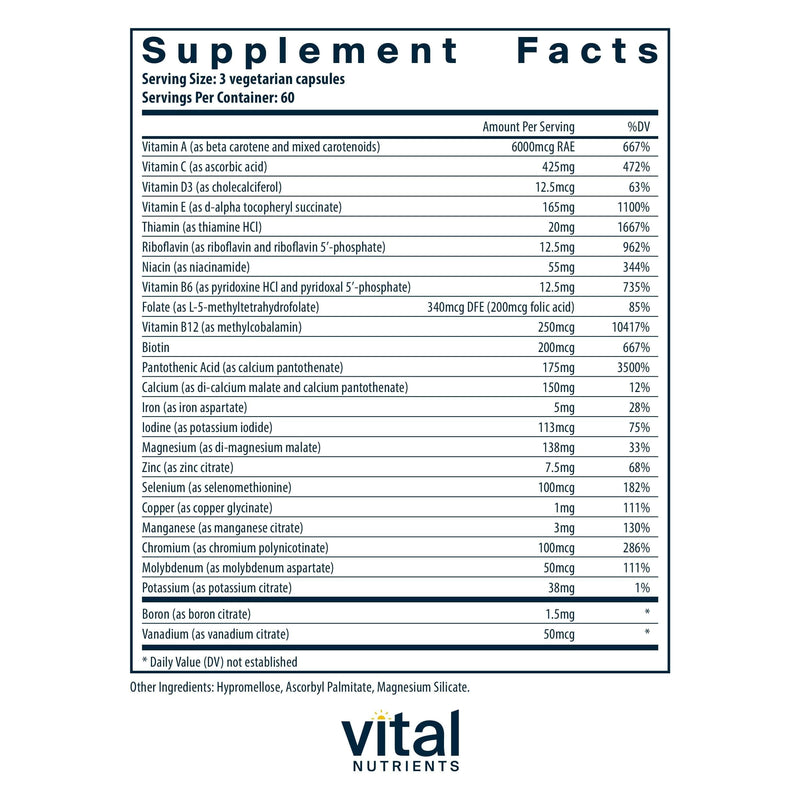 Vital Nutrients Multi-Nutrients 4 - Citrate/Malate Formula (with Copper and Iron) - Multi Vitamin/Mineral Formula with Potent Antioxidants - Bioavailable Form - Non-GMO - 180 Capsules