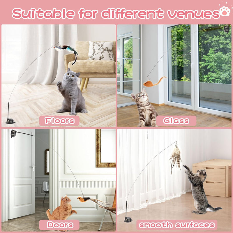 Interactive Bird Simulation Cat Toy Set,Cat Wand Toys,Wand Self-Holding Suction Cups Base,Include Detachable 6 Pcs Replacements Feathers Toys 6PC Set Small - BeesActive Australia