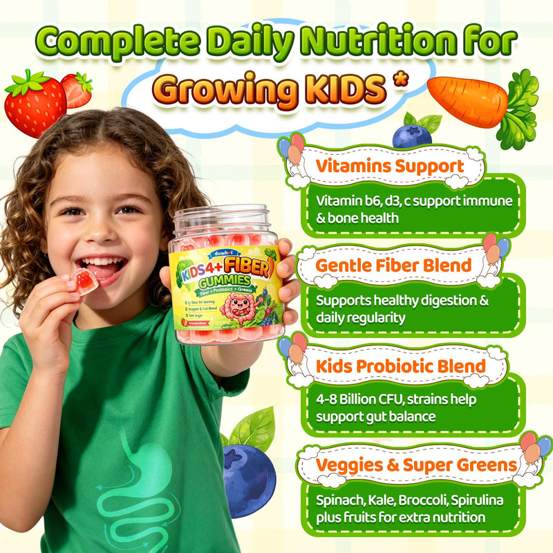 duwhot Kids Fiber Gummies 5g with Probiotics, 60 Chews | Prebiotic Fiber Supplement with Vitamin C D3 B6 & Veggies, Gentle Digestive & Regularity Support, Sugar Free