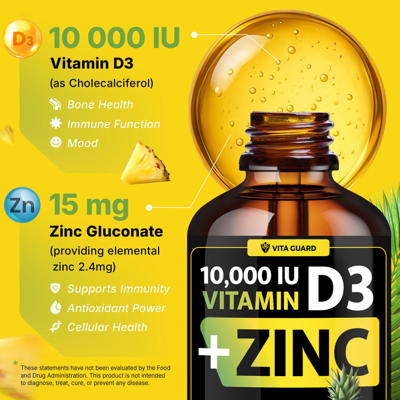 Vita Guard Vitamin D3 Drops with Zinc – 10,000 IU D3 & 15 mg Zinc Liquid Supplement – Immune Support for Men & Women – Sugar-Free Pineapple Flavor – 30-Day Supply