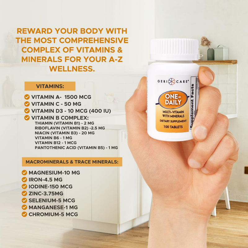 One-Daily Multivitamins with Minerals for Men & Women (100 Tablets) by GeriCare| High-Potency Multi-Vitamin & Multimineral Dietary Supplement for Immunity, Energy| Complete Daily Nutritional Support 100 Count (Pack of 1)