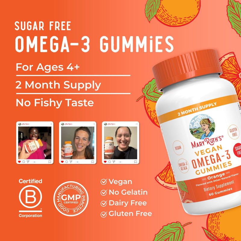 MARYRUTH'S Vegan Omega 3 Gummies for Adults, 60 Count, 2 Month Supply | Sugar Free Supplement with Vitamin C, Flaxseed Oil Immune Support, Overall Wellness, No Fish Taste
