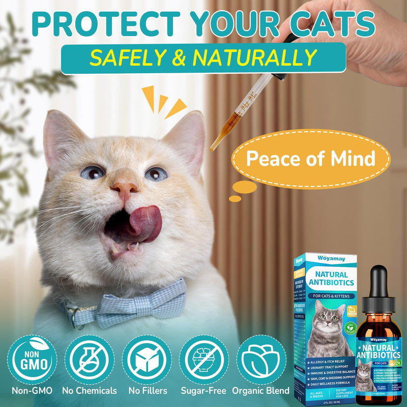 Woyamay Antibiotics for Cats, Natural Antibiotic for Allergy Relief, Urinary Tract Health, Itch Relief & Digestion Care, Cat Allergy Relief for Cats, Cat Immune Support Supplement, 2 Fl Oz Chicken 1 Pack