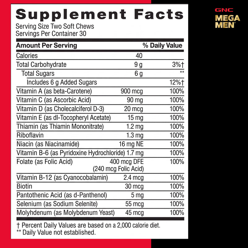 GNC Mega Men Soft Chew Multivitamin for Men | Energy & Metabolism Support | Gluten Free | Mixed Fruit | 60 Count | Supports Immune Health, Provides B Vitamins for Energy Production, Supports Carbohydrate Metabolism, Gluten-Free
