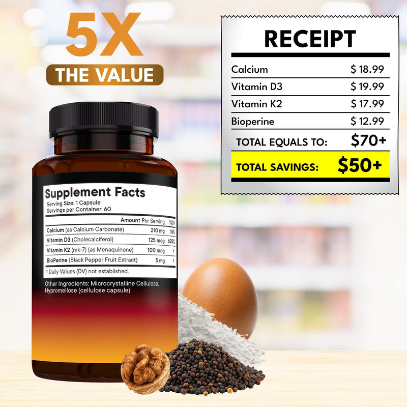 NEW AGE Vitamin D3 5,000 IU + K2 MK-7 100 mcg - 2-in-1 Bone, Immune & Heart Support, Easy to Swallow, Non-GMO - 180 Capsules 60 Count (Pack of 3)