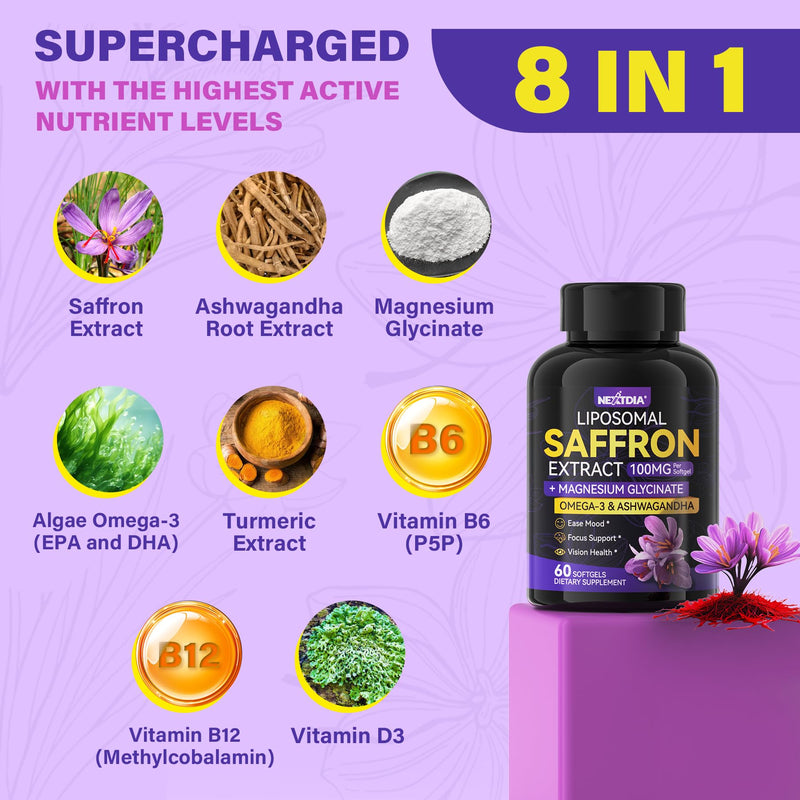 Saffron+Magnesium Glycinate+Omega-3- Mood+ Calm Focus Supplements,100% Pure | Saffron Extract 100mg-Liposomal Saffron Supplements w/Turmeric, Ashwagandha, Vit B6, B12, D3 for Brain,Energy, 120 Softgels. 60 Count (Pack of 2)