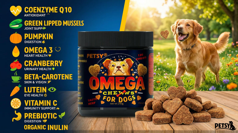 PETSY OMEGA 3 For Dogs Antioxidants Supplement UK, OMEGA 3 6 9, Daily Natural Wellness Treats 120 Supplement Heart Kidney Digestion vision Mobility Chews Puppy Adult Senior