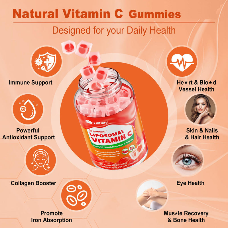 Natural Liposomal Vitamin C 1000mg Gummies for Adults & Kids 9+, Chewable Vitamin C w/ 11mg Zinc, D3, Elderberry, Echinacea, , Bioflavonoid, Immune Support, Whole Food VIT C from Fruits, Sugar Free 60 Count (Pack of 1)