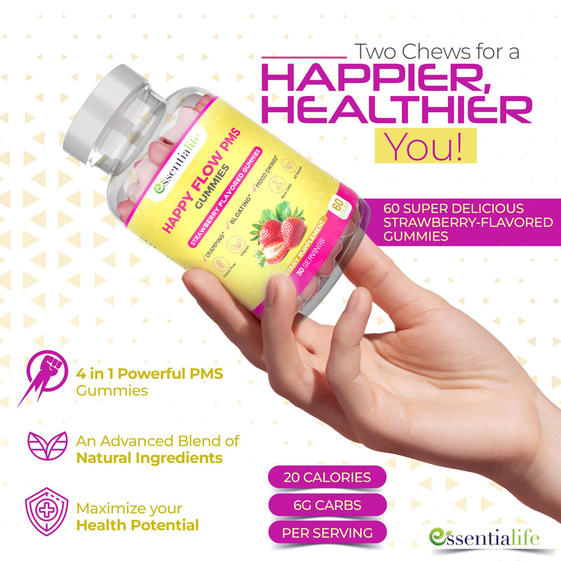 PMS Gummies - Happy Flow PMS Support Supplement for Women - Strawberry PMS Relief Supplement with Vitamin B6 for Hormone Balance, Period Support, Cramps, Hormonal Acne & Bloating Relief (120 Count) 60 Count (Pack of 2)