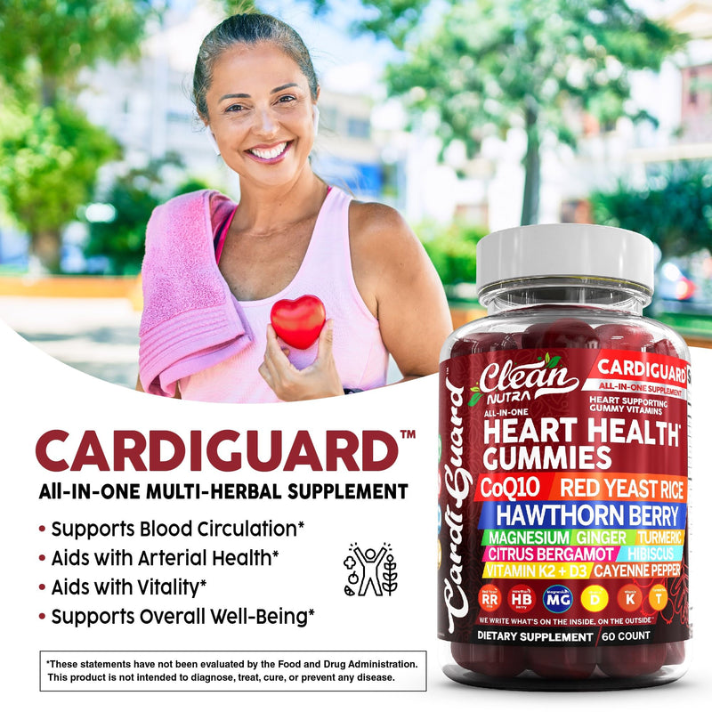 Clean Nutraceuticals Coq10 Gummies | Red Yeast Rice Hawthorn Berry Ginger Turmeric Citrus Bergamot Hibiscus Vitamin K2+D3 Magnesium Glycinate Cayenne Pepper Fenugreek Orange Flavor CardiGuard 1