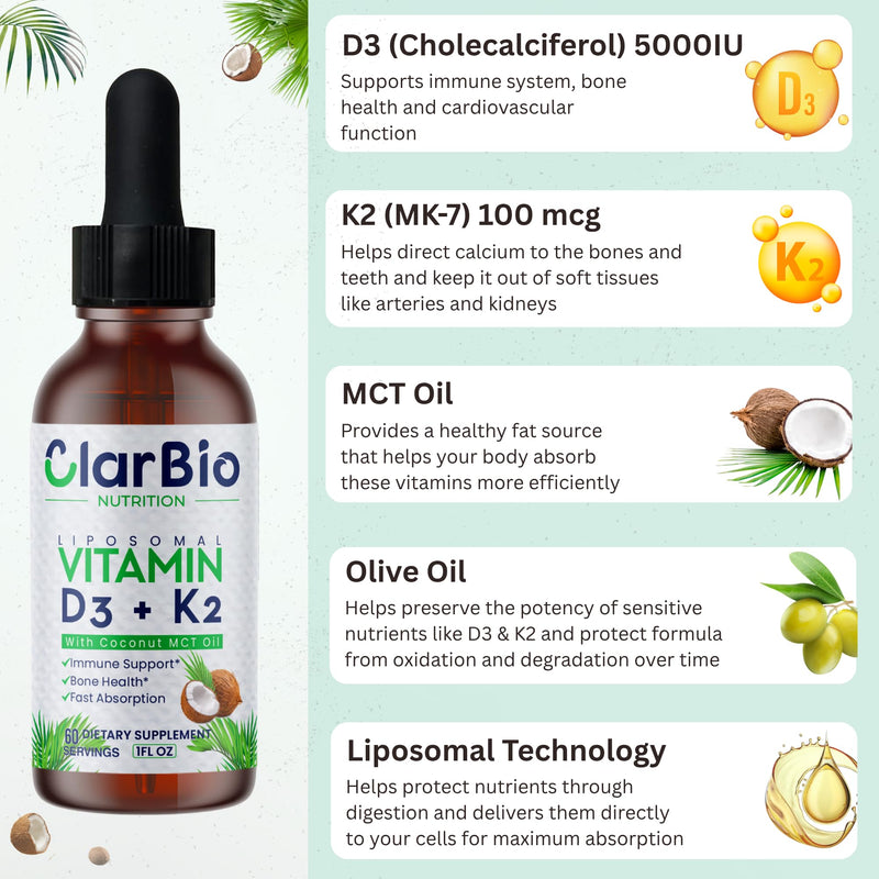 Liposomal Vitamin D3 K2 (MK-7) Liquid Drops with MCT and Olive Oil | Vitamin D3 5000iu | Bone & Heart Health | Immune & Joint Support Supplement | Maximum Absorption| Made in USA
