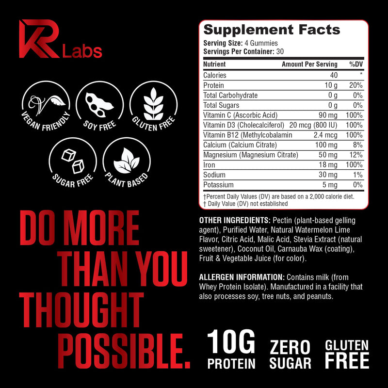 Whey Isolate Protein Gummies, 10g Protein, Watermelon Lime, 120 Ct | 10g Protein per Serving, 300g Total per Bag, 100% Whey Isolate, Gluten-free, Non-GMO, Vitamins Added, For Men & Women