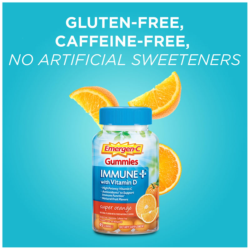 Emergen-C Immune+ Immune Gummies, Vitamin D plus 750 mg Vitamin C, Immune Support Dietary Supplement, Caffeine Free, Gluten Free, Super Orange Flavor - 45 Count - BeesActive Australia