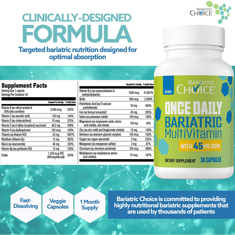 Bariatric Choice Once Daily Bariatric Multivitamin with Iron 45mg, 1 Month | 1-Mo Supply, Once Daily Easy-to-Swallow Capsule for Gastric Bypass & Sleeve Patients – High Potency Vitamins A, D, B12, More 1 Count (Pack of 30)