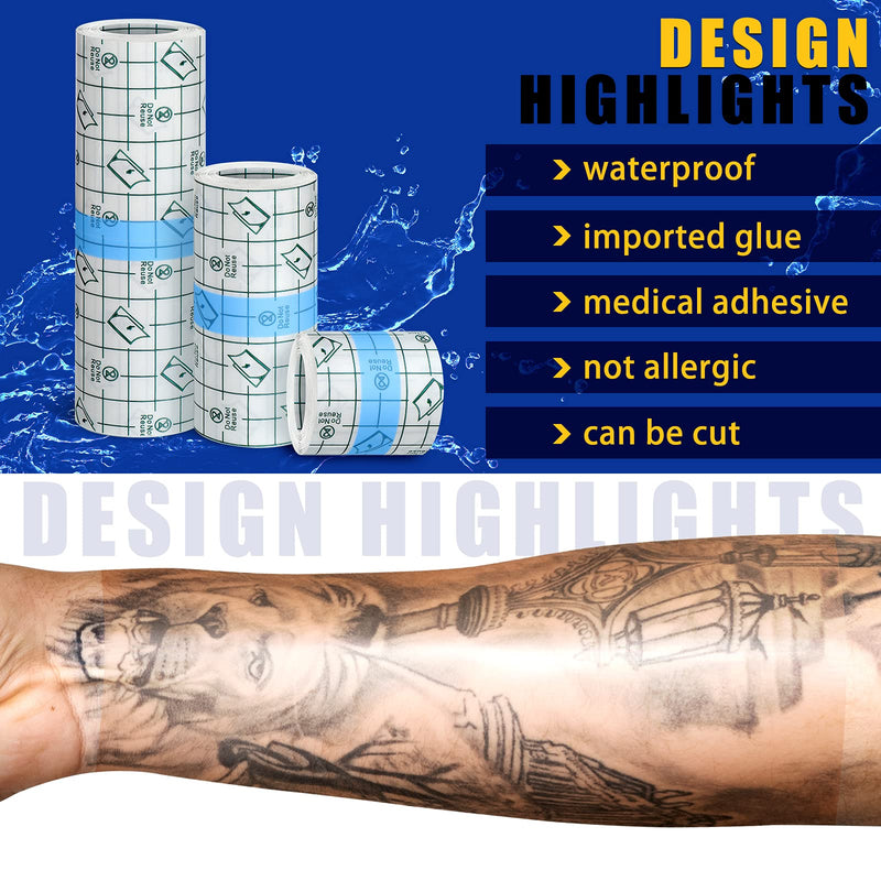 Nuanchu 9 Rolls Tattoo Aftercare Bandage Waterproof Transparent Stretch Adhesive Bandages Tape Clear Tattoo Film Wrap for Swimming, 3 Sizes(2 Inch, 4 Inch, 6 Inch Wide) 2 Inch, 4 Inch, 6 Inch Wide - BeesActive Australia