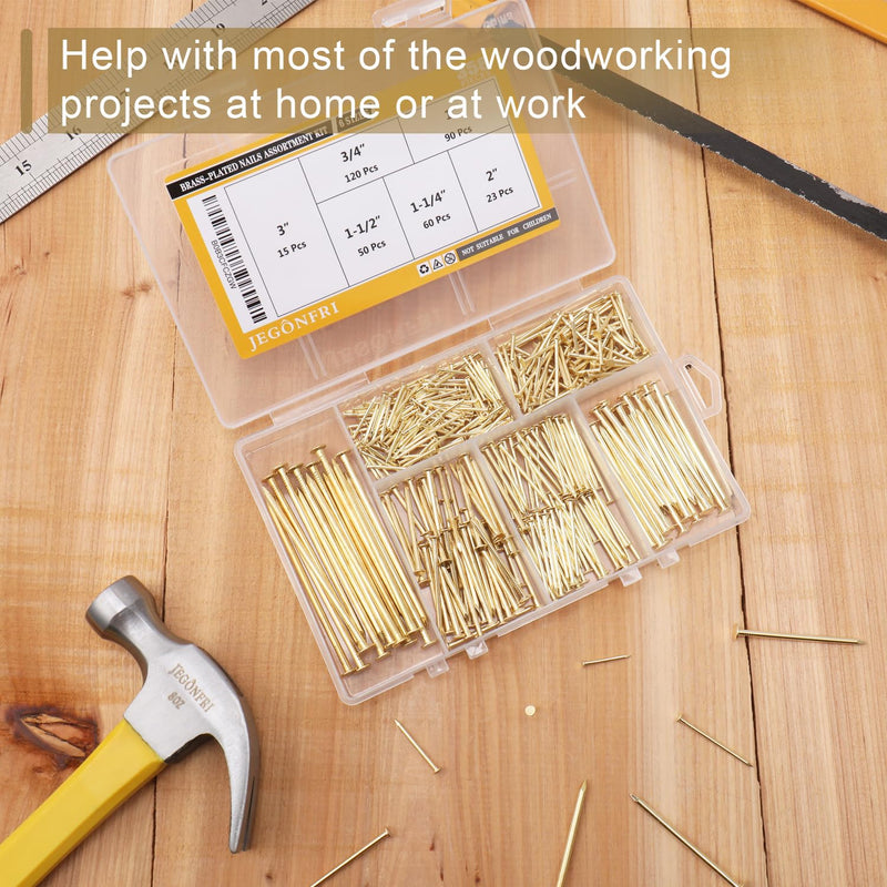 6 Sizes Gold Hardware Nails Assortment Kit, 358pcs, Brass Plated, Nails for Hanging Pictures, Finishing Nails, Wood Nails, Wall Nails for Hanging (3”, 2”, 1-1/2”, 1-1/4", 1”, 3/4") 358 - BeesActive Australia