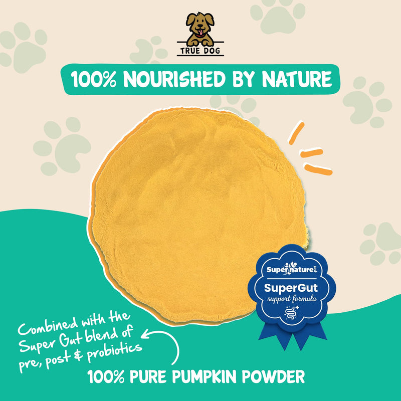True Dog Pumpkin Powder with Pre, Pro & Postbiotics 100g | Natural Pumpkin Puree Powder for Dogs, Digestive Supplement, Stool Firming, High Fibre Dog Food Topper, Manufactured in the UK