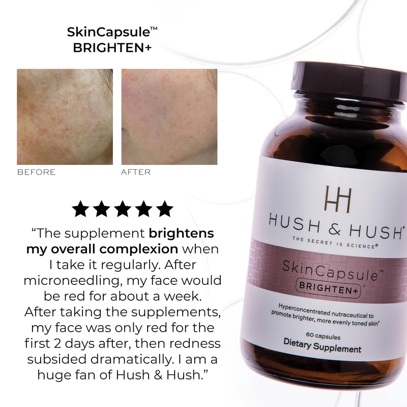 Hush & Hush SkinCapsule Brighten+ Skin Brightening Supplement | Vitamin C with Saberry & Lutemax for dark spots and dull, uneven tone; supports radiant-looking skin; vegan, non-GMO