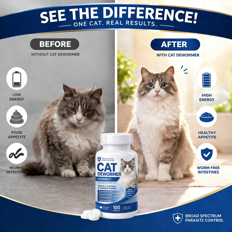 Cat Dewormer, Dewormer for Cats & Kittens, Broad Spectrum Tablets for Tapeworms, Roundworms & Hookworms, Promotes Digestive Comfort & Daily Balance, 100 Tablets