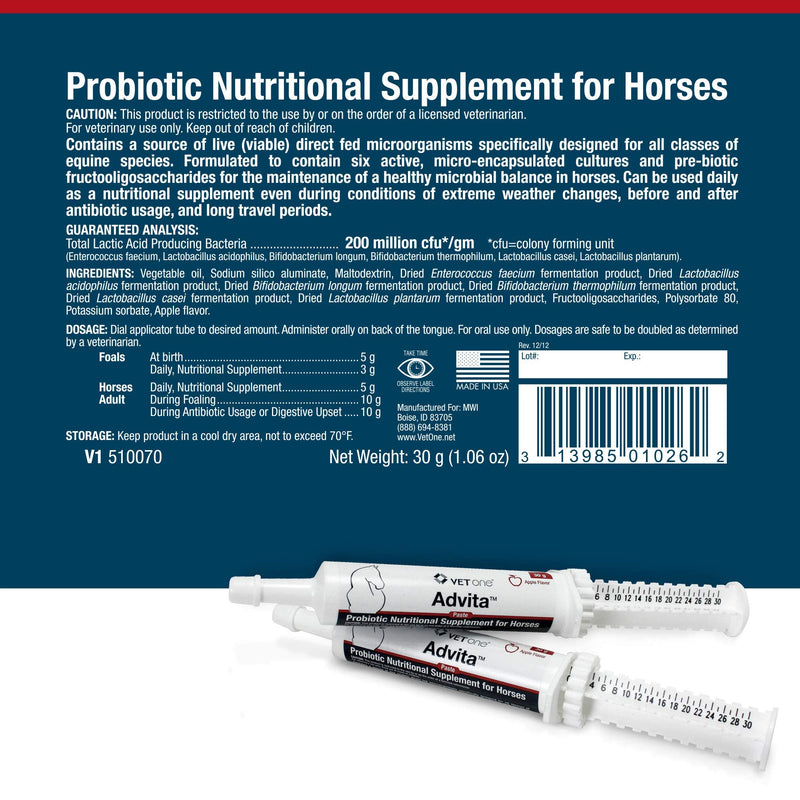 VetOne - Advita™ Apple Flavored Probiotic Paste for Horses | Horse Supplements | Improve Your Horse Digestion | 30g per Tube - BeesActive Australia