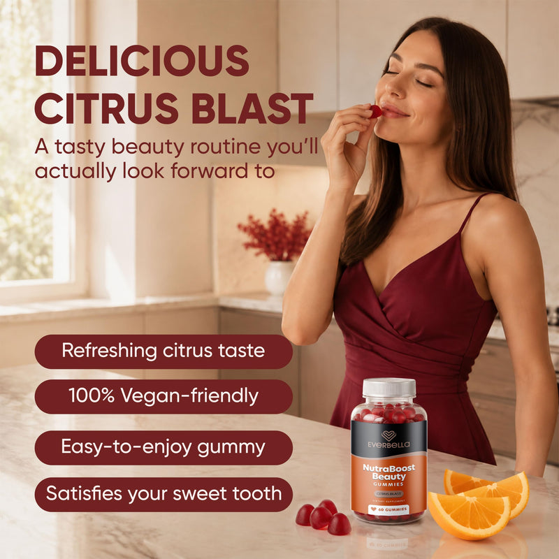 NutraBoost Beauty Gummies | Beauty Support Formula with Amino Acids, Bamboo Silica, Resveratrol, Biotin & Vitmain C | Support Skin, Nails & Hair Growth | Citrus Flavor, 30 Days Supply