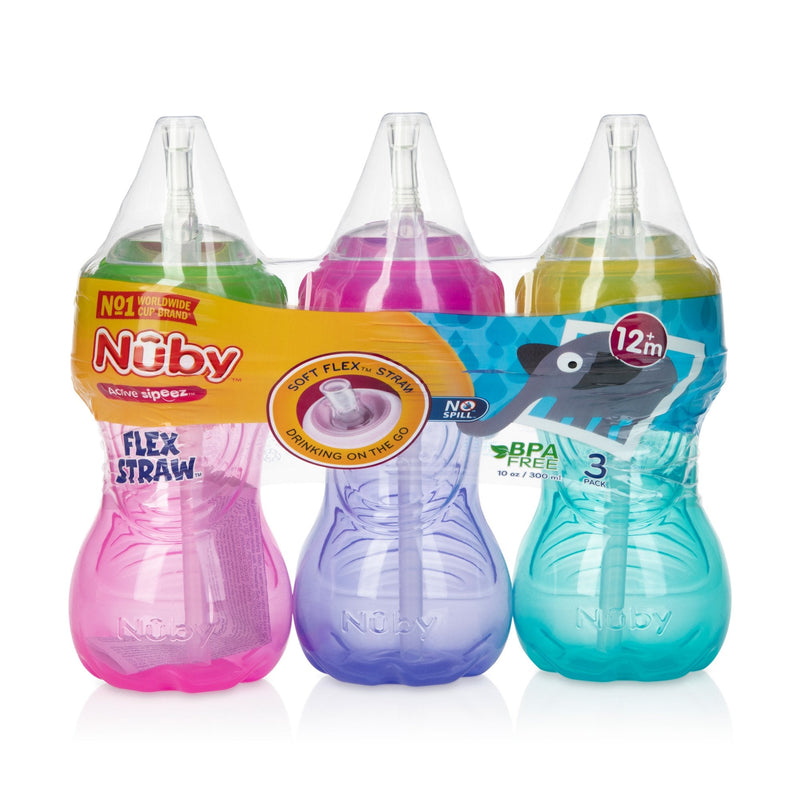 Nuby No-Spill Soft Straw Easy Grip Sippy Cup for Girls - (3-Pack) 10 Oz - 12+ Months Girl - BeesActive Australia