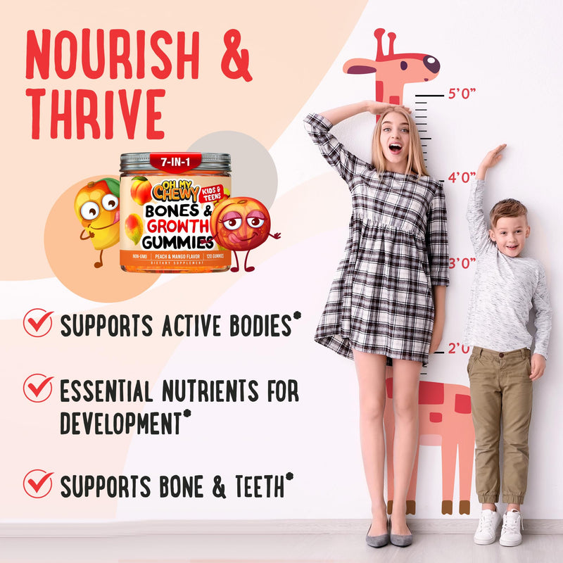 Fluffy Height Growth Vitamin Gummies for Kids & Teens - Grow Taller | Growing Up and Teeth & Bones Support, Calcium, Zinc, Vitamin D3, K2, Spirulina and Astragalus - Peach & Mango