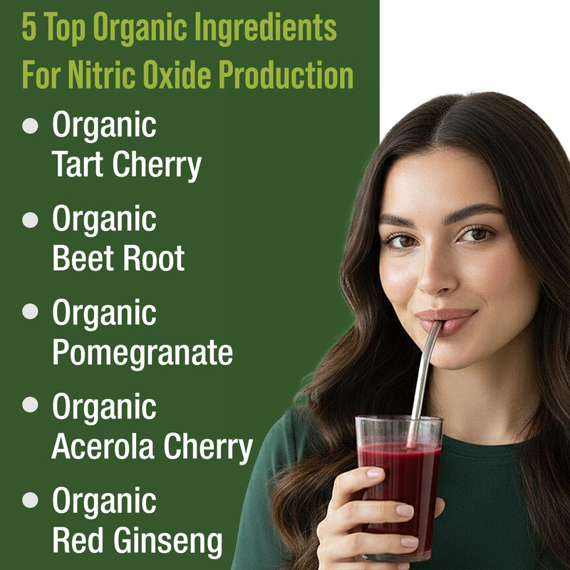 Peak Performance USDA Organic Plant Based Nitric Oxide Booster Powder | Supplement for Men & Women. Caffeine Free 5 Top Ingredients, Beet Root, Tart Cherry, Acerola Cherry, Pomegranate, Red Ginseng