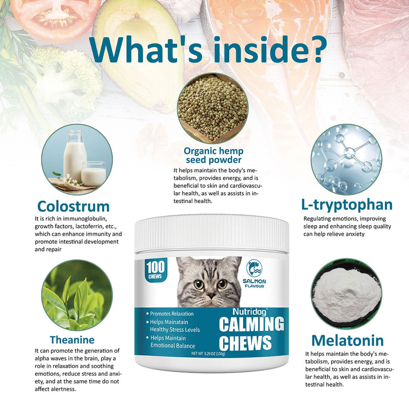 Cat Calming Treats - 100 Count Salmon Chews with Organic Chamomile & Ginger, Stress Relief Supplement for Separation Anxiety, Vet Visits & Thunderstorms (Salmon)