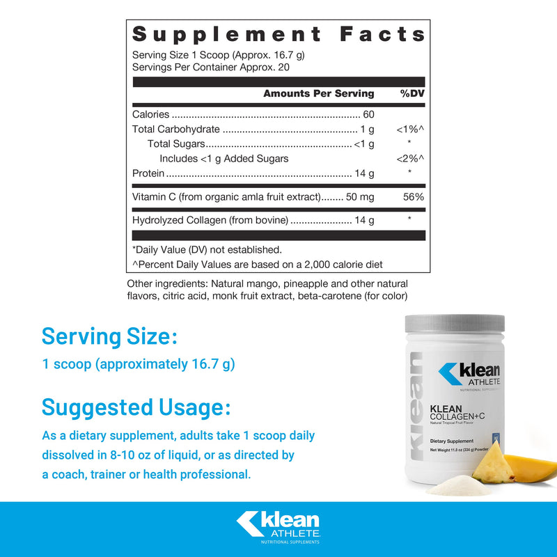 Klean Athlete Klean Collagen+C, Natural Tropical Fruit Flavor, 11.8 Ounces | Supports Musculoskeletal Health to Help Optimize Performance and Mobility*, Supports Healthy Joint and Connective Tissue*