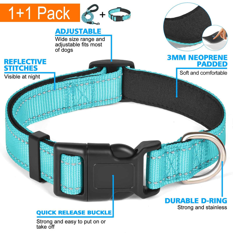 Reflective Dog Collar Padded with Soft Neoprene Breathable Adjustable Nylon Dog Collars for Small Medium Large Dogs (Medium (Pack of 1), Blue Collar+Leash) Medium (Pack of 1) - BeesActive Australia