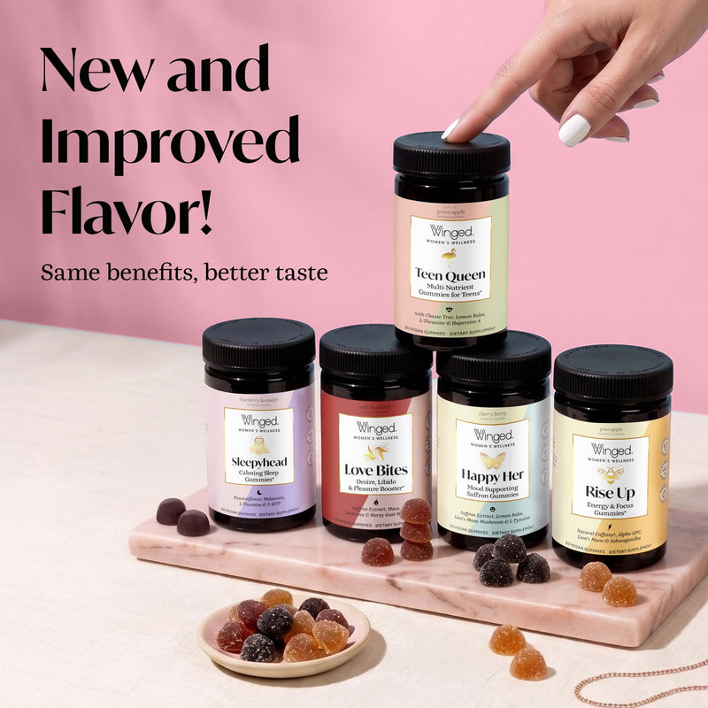 Winged Wellness Happy Her, Daily Mood Support Gummies for Women, 60 Gummies | Daily Mood Enhancer Vegan Supplement - Saffron, L-Tyrosine, Lemon Balm, & Lions Mane Mushrooms for Balance & Calming Relief 60 Count (Pack of 1)