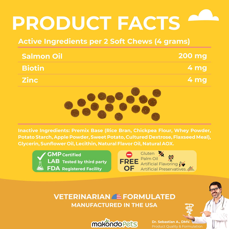 Omega 3 Soft Chews – Salmon Oil for Dogs Skin and Coat Support, Itch Relief & Shedding Support – EPA & DHA Dog Fish Oil Fatty Acids – 120 Chews by Makondo Pets.