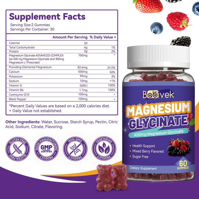 2 Pack Magnesium Glycinate Gummies with L-Threonine for Women & Men | 120 Gummies, 60 Day Supply, 400mg Magnesium Glycinate, 300mg L-Threonine, Vitamin D & B6, Sugar Free, Vegan Formula